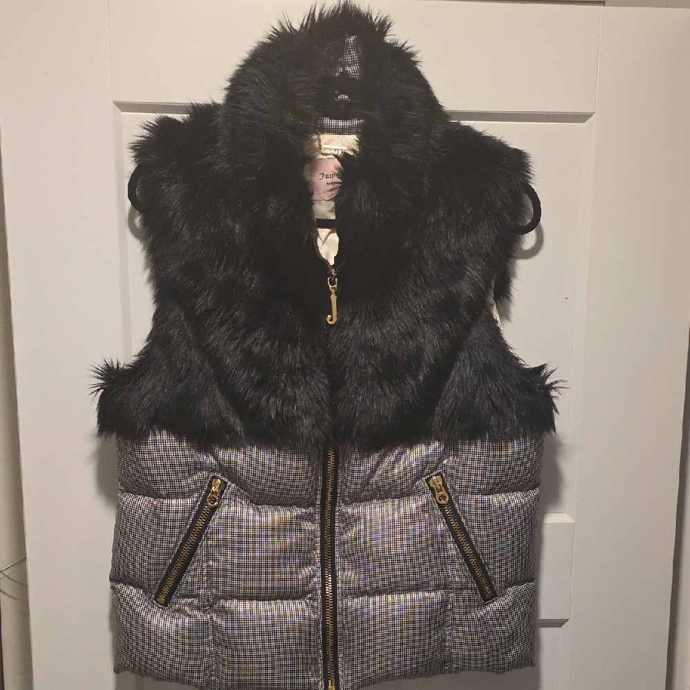 Juicy Couture Black Faux Fur Trim Quilted Vest